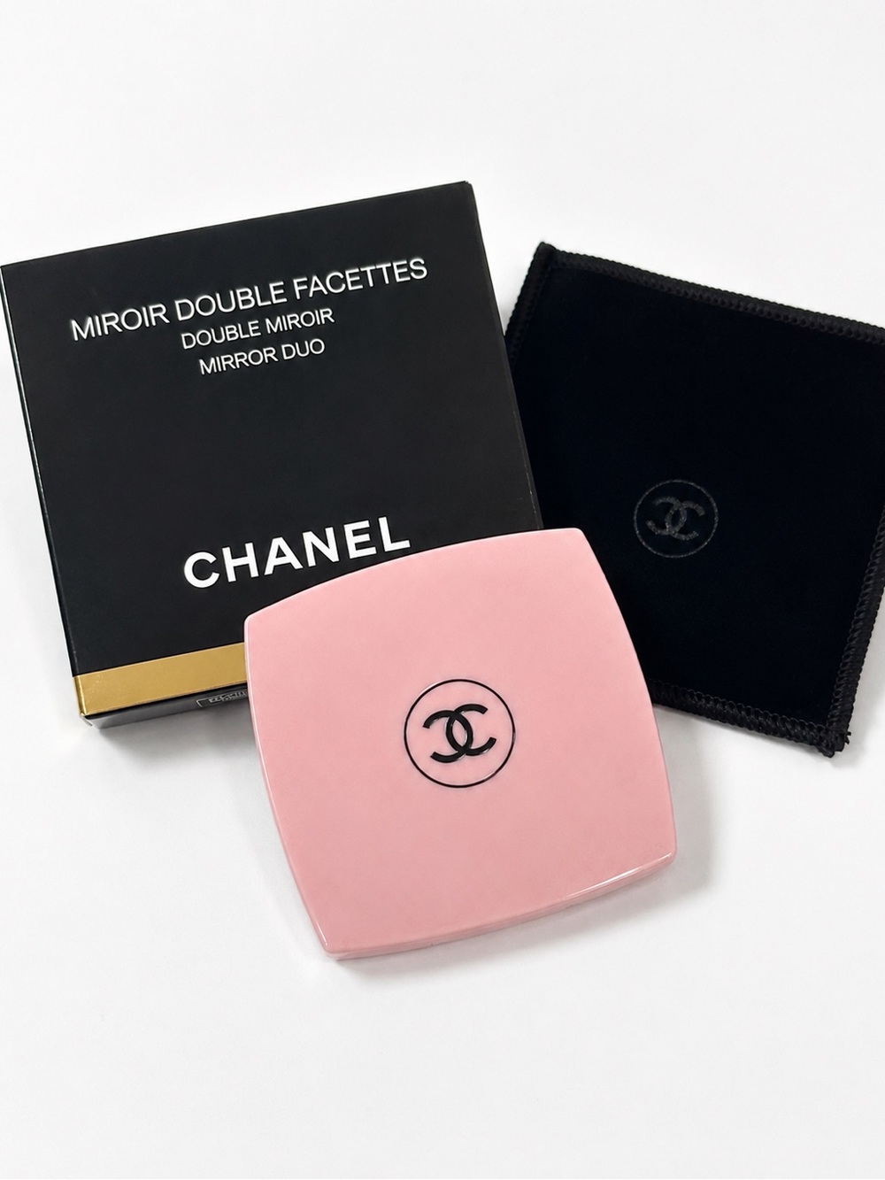 CHANEL Pink Compact Double Mirror with Black Velvet Pouch